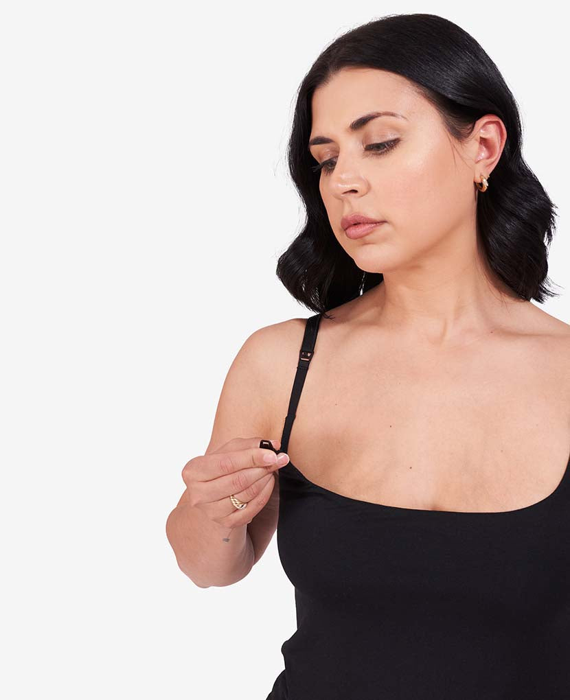 The Always-On Nursing tank features easy clip-down straps for easy feeding access. Shown in Black.