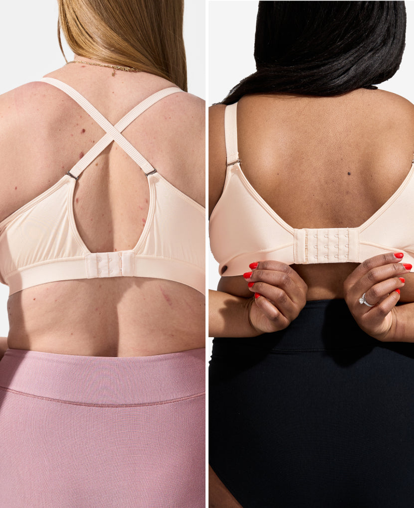 Our signature five-row back closure and adjustable straps, which can convert to a racerback, offer extra support when you need it most. The strap width varies according to your size to ensure the perfect level of support. Leah (left), size 34D, wears a M in Sunrise. Cherelle (right), size 38DDD, wears a size XL in Sunrise.