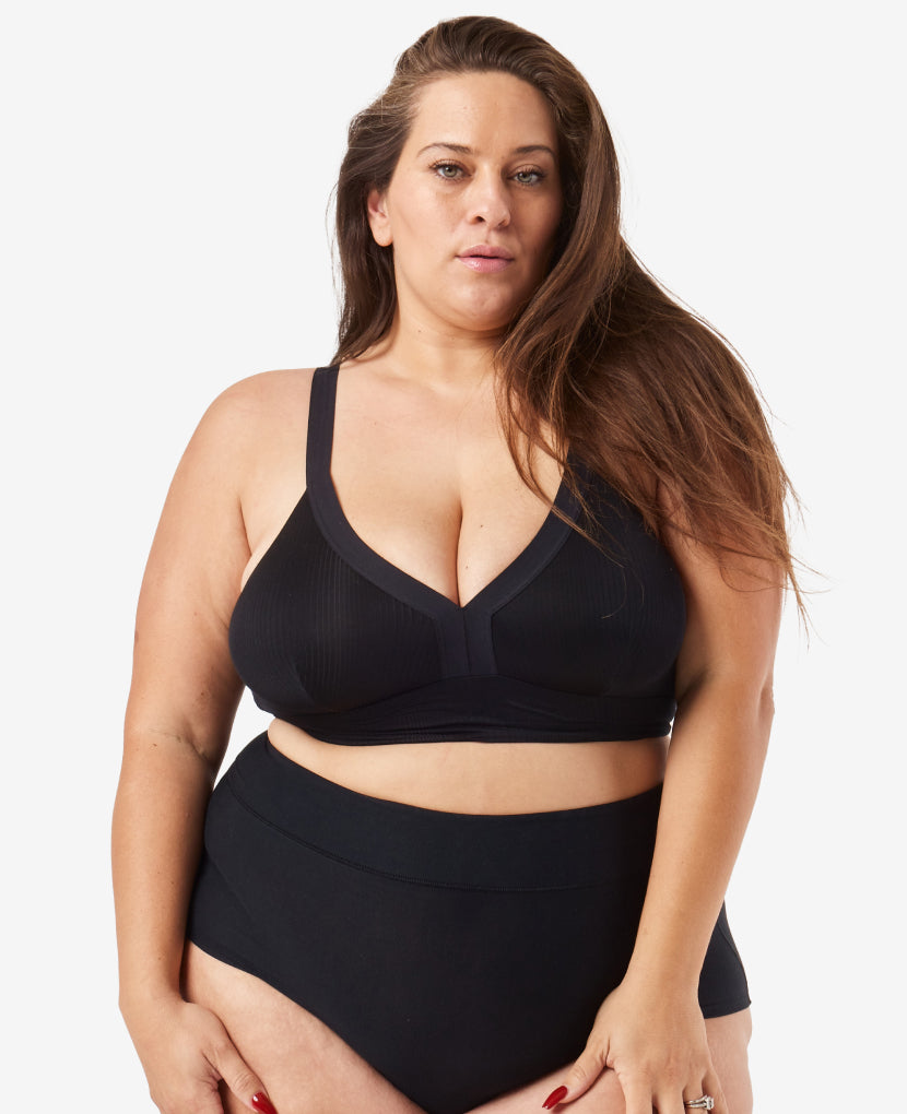 Like all of our styles, this bra offers wider straps for larger cup sizes (L, XL) for added support. Shown in Black.