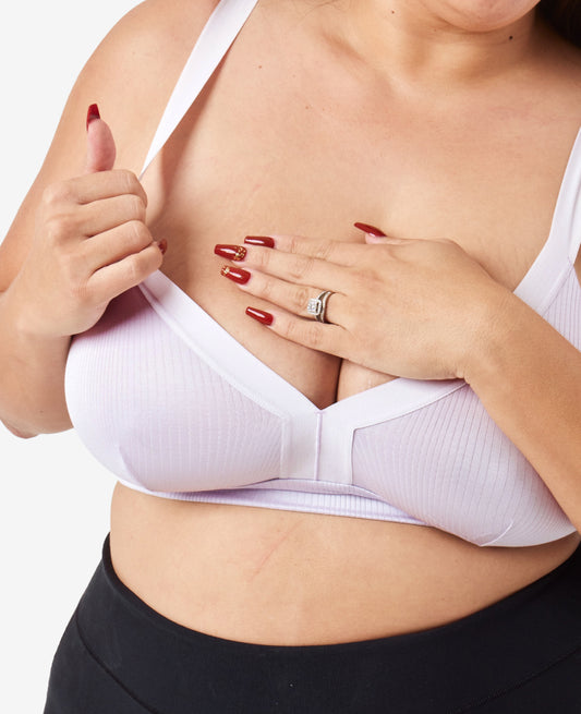 Soft, stretchy straps let you quickly pull down cups below your breast and stay comfortably out of the way while you nurse. Shown in Lavender Haze.
