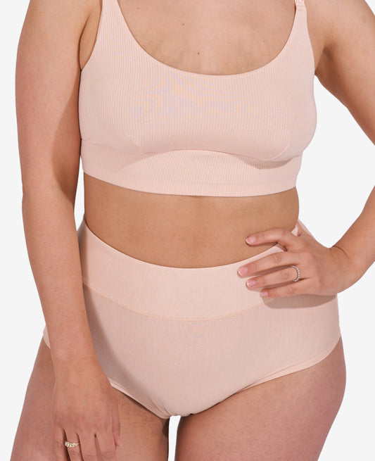 Craveably comfortable high-waisted panty designed for pregnancy through postpartum – that you'll want to wear well beyond. Shown in Clay.