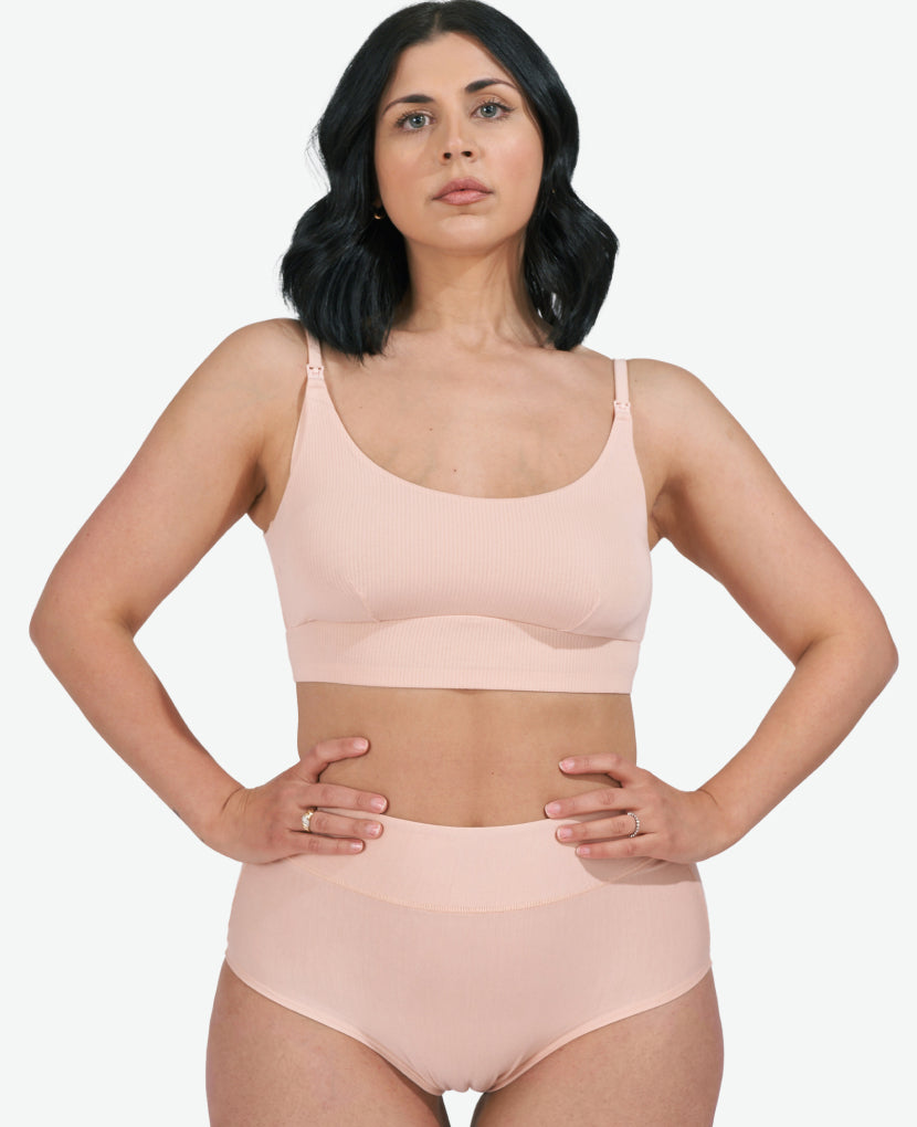 Wide band elastic waist is high enough to stay put on your pregnancy bump or healing core while covering a C-section incision without rubbing. Shown in Chalk/Clay/Dusk.