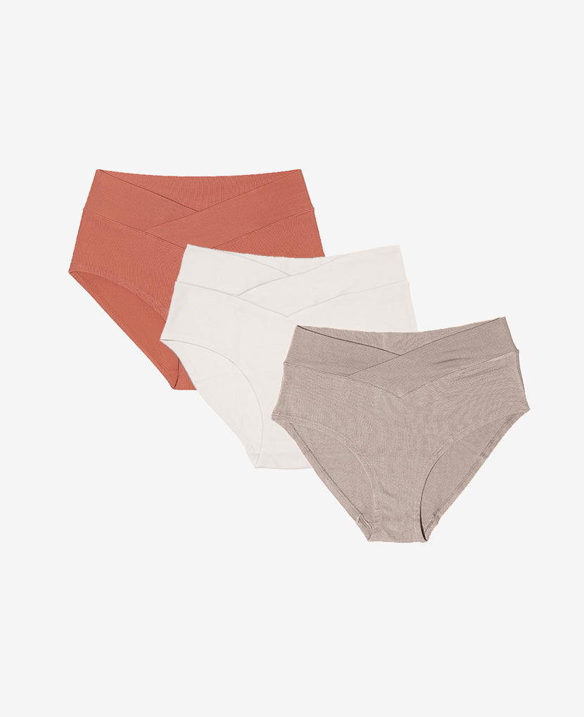 The Embrace Crossover Panty 3-Pack in Sandstone/Moon/String.
