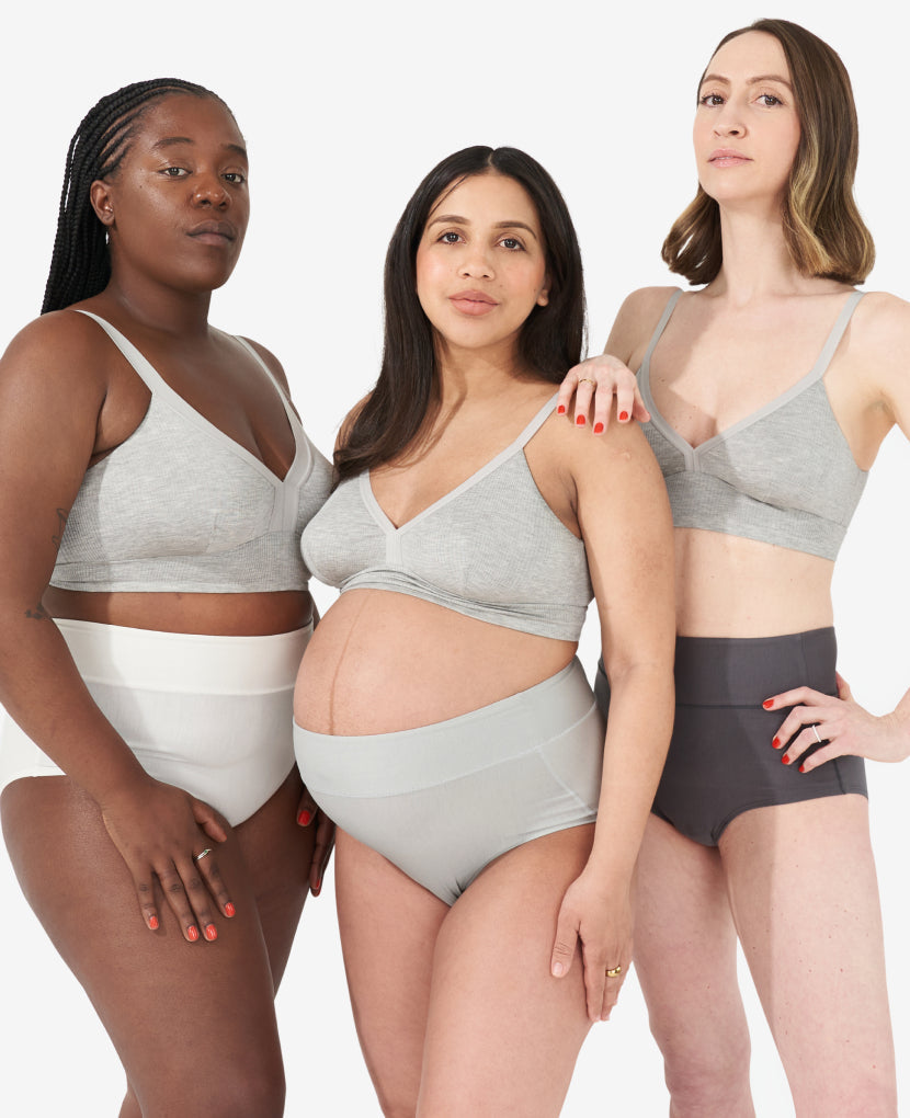 Ultra-stretchy fabric moves with your body and is incredibly soft on sensitive nipples and skin. Tahirah, Diana, and Nora – members of the Bodily community – wear (left to right) size L, M, and S. Shown in Grey Marl.