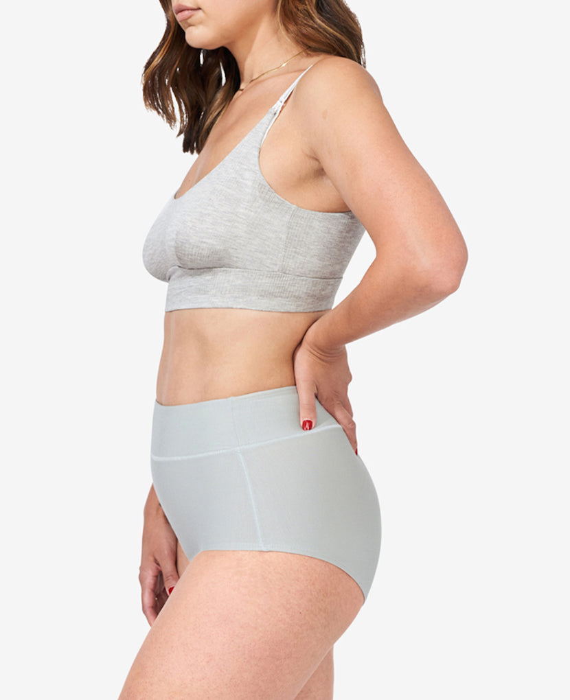 Wide band elastic waist is high enough to stay put on your pregnancy bump or healing core while covering a C-section incision without rubbing. Shown in Black/Lavender Haze/Grey.