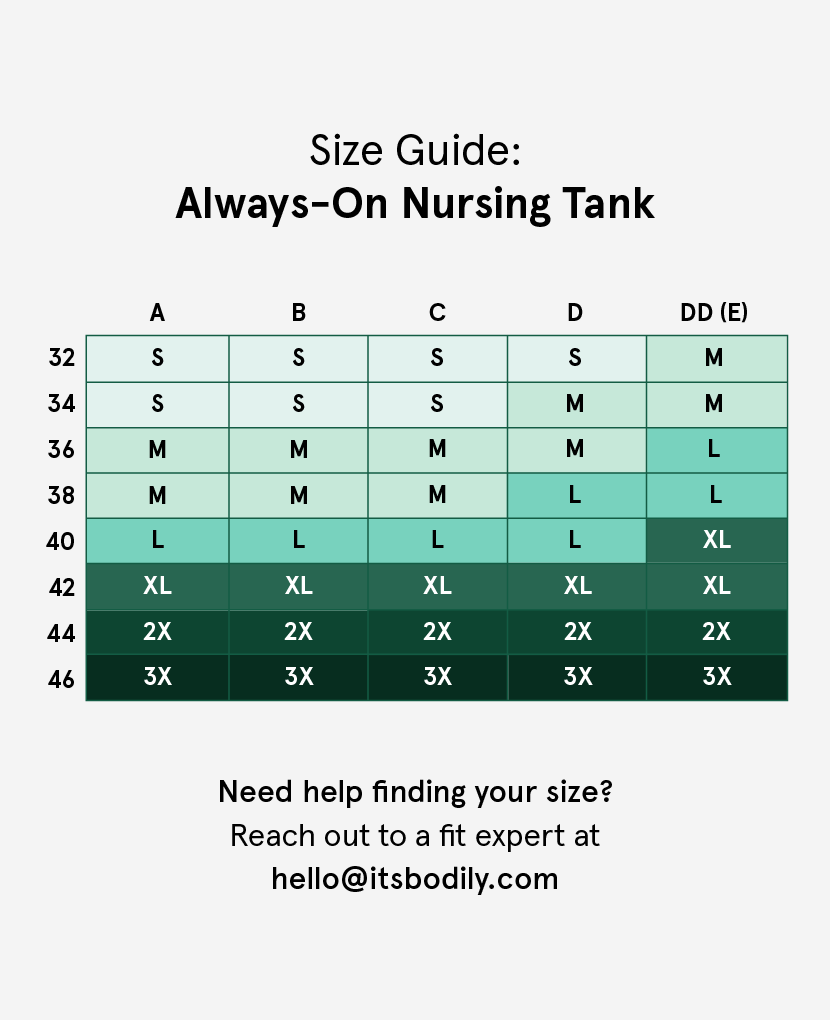 Size guide for the Always on Nursing Tank. Available in Black, Chalk.