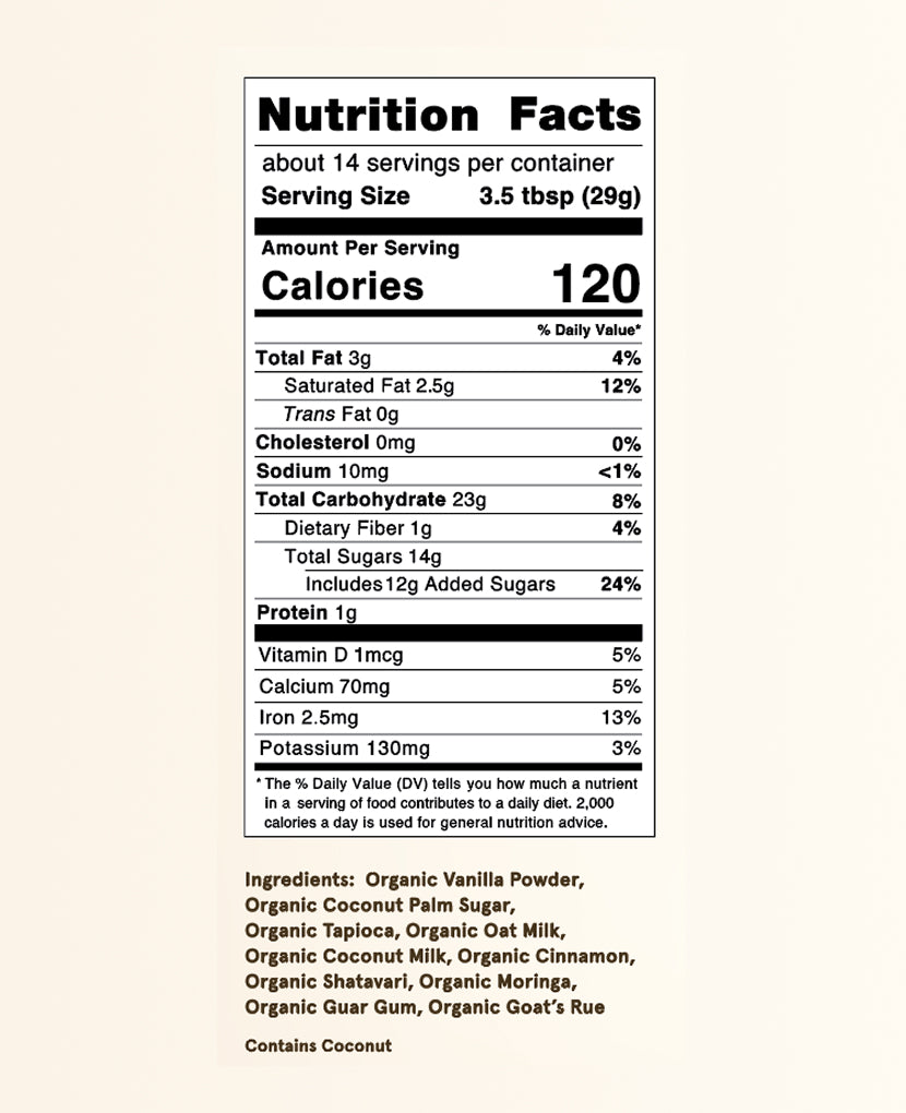 Nutrition facts for Organic Lactation Latte: 2-Pack —120 calories per 3.5 tbsp serving; contains coconut for milk production, plus 3g fat, 14g sugars, 1g protein, and vitamins to support lactation.