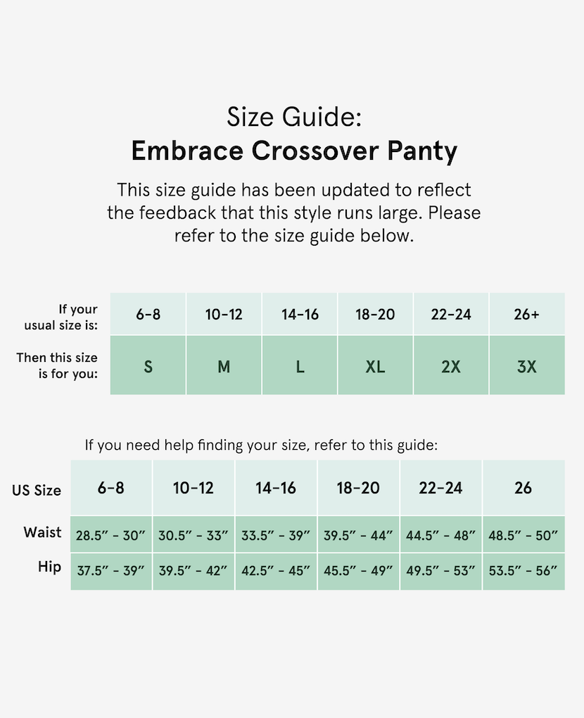 The Embrace Crossover Panty Size Guide. Available in Black, Chalk, and Silt.