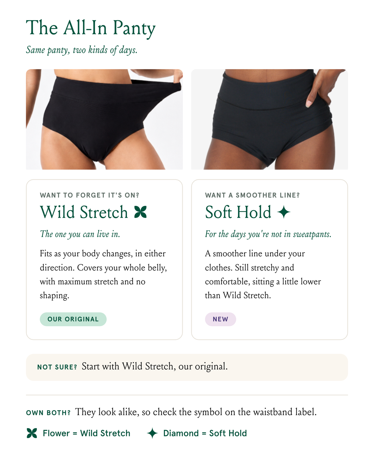An informational comparison graphic for panty waistband styles titled 'The All-In Panty.' It shows two cropped model photos wearing black underwear, with text explaining Wild Stretch and Soft Hold options and a note about checking the symbol on the waistband. Available in Original Wild Stretch, Soft Hold.