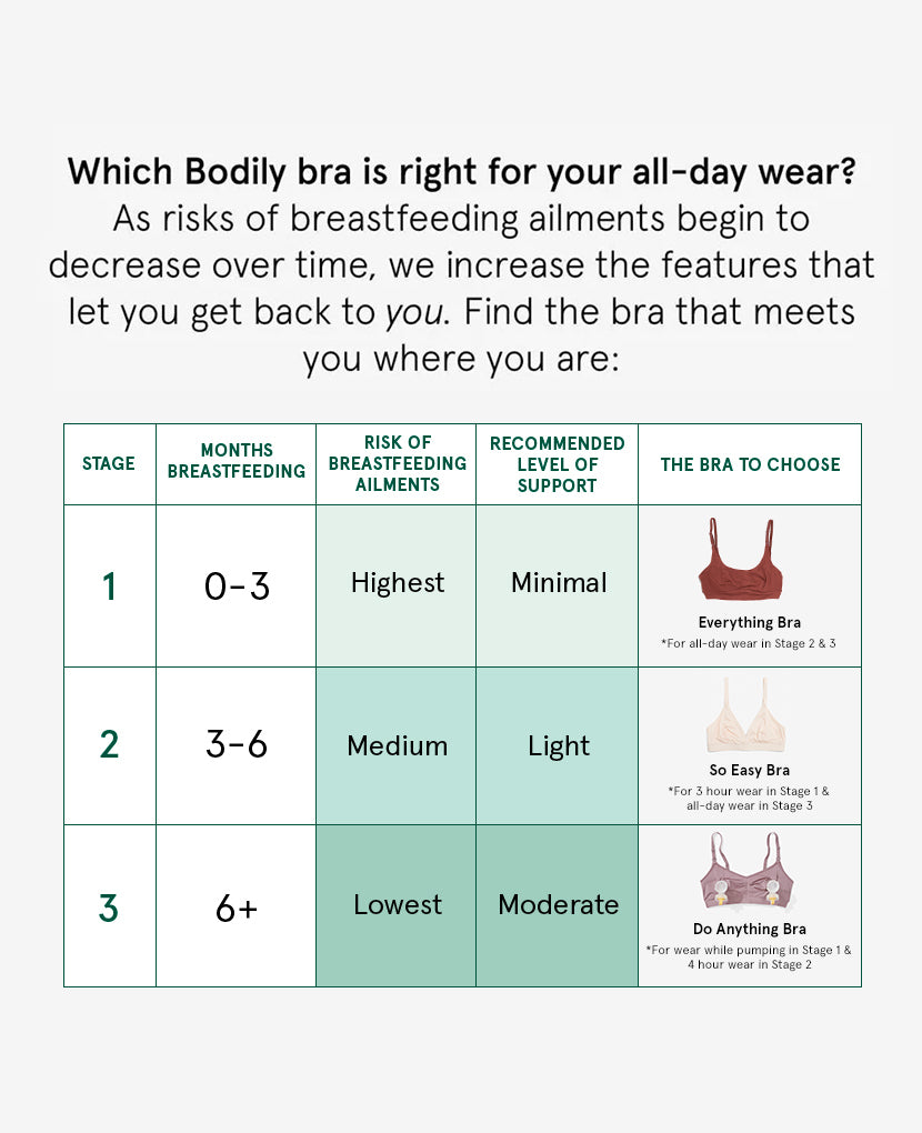 Chart comparing The Stages of Breastfeeding Bundle bras for each stage: 0–3 months (Everything Bra), 3–6 months (So Easy Bra), and 6+ months (Do Anything Postpartum Bra)—save 12% when you buy the bundle.