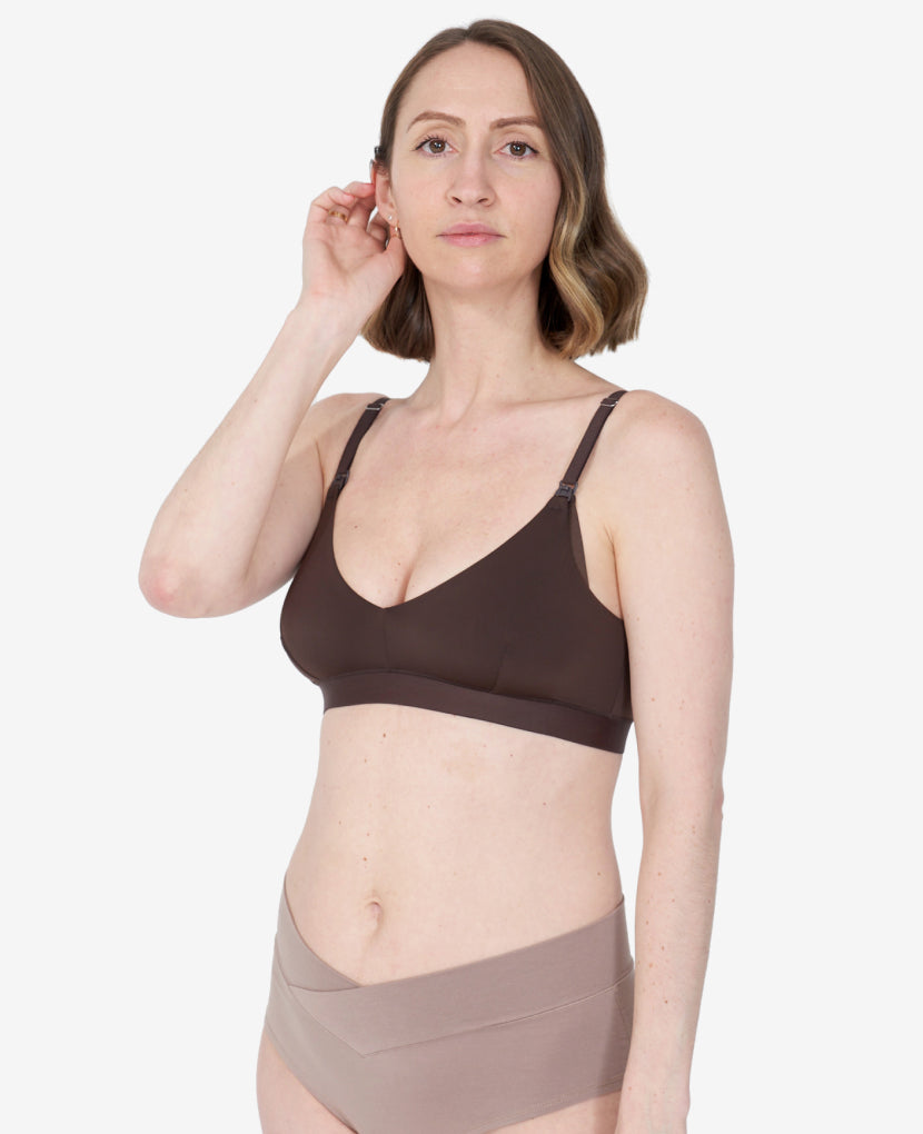 A t-shirt bra design with clip-down nursing access features light support and a sleek style to let you get back to feeling like you. Nora, size 34C, wears Java.