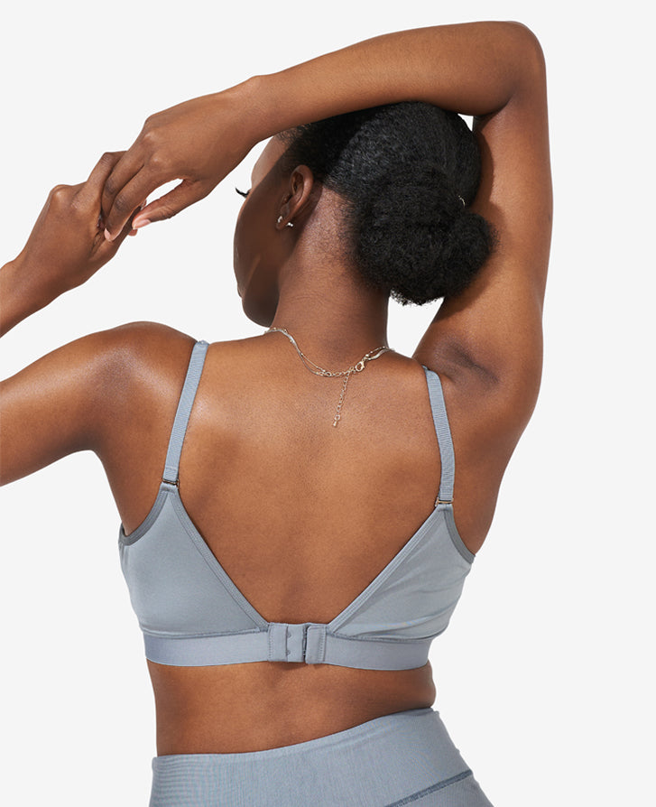 Extended back closure to accommodate changes in cup and band size as you move through pregnancy and postpartum. Featuring the Slate Do Anything Bra.