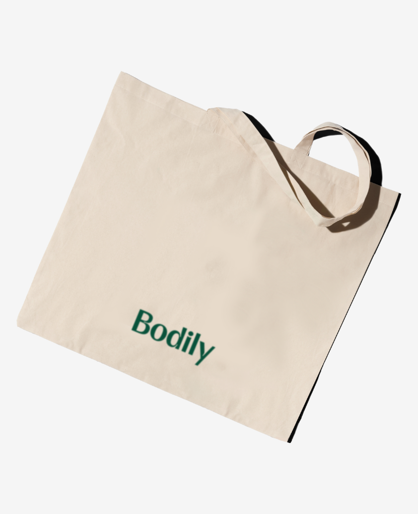 Double-sided with the Bodily logo on one side and our brand shapes on the other.