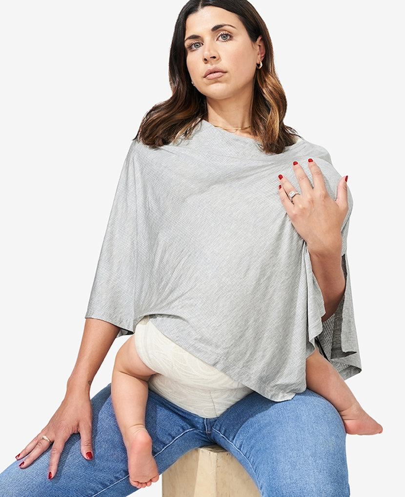 The Everything Cover is your new go-to piece for pregnancy, postpartum, breastfeeding, and beyond. Melissa (34B) is 12 months postpartum and wears Size 1 . Shown in Grey Marl.