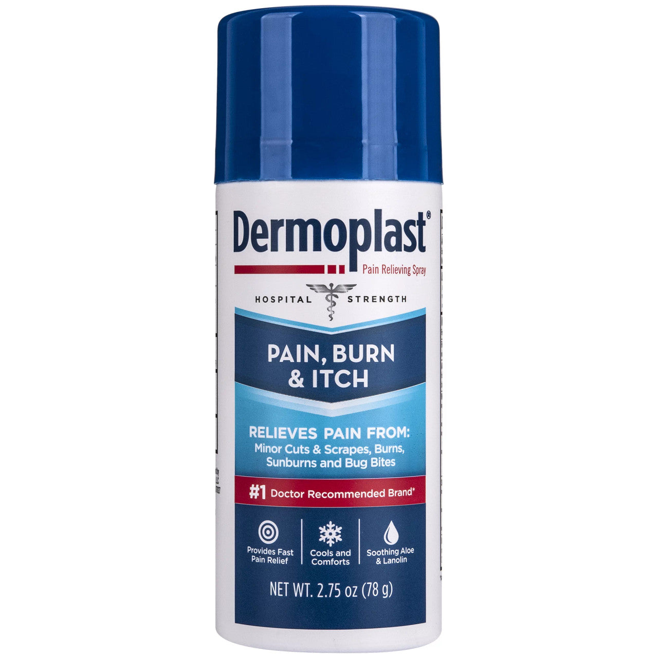 A 3 oz can of Dermoplast® Pain, Burn & Itch Relief Spray – Hospital Strength, perfect for postpartum care and relief from minor cuts, burns, sunburns, and bug bites. Contains benzocaine spray.