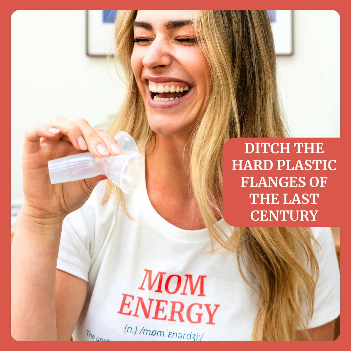 Woman holding a baby bottle with text promoting a product change. 13mm 15mm 17mm 19mm 21mm 24mm 27mm 30mm Flange Sample Kit