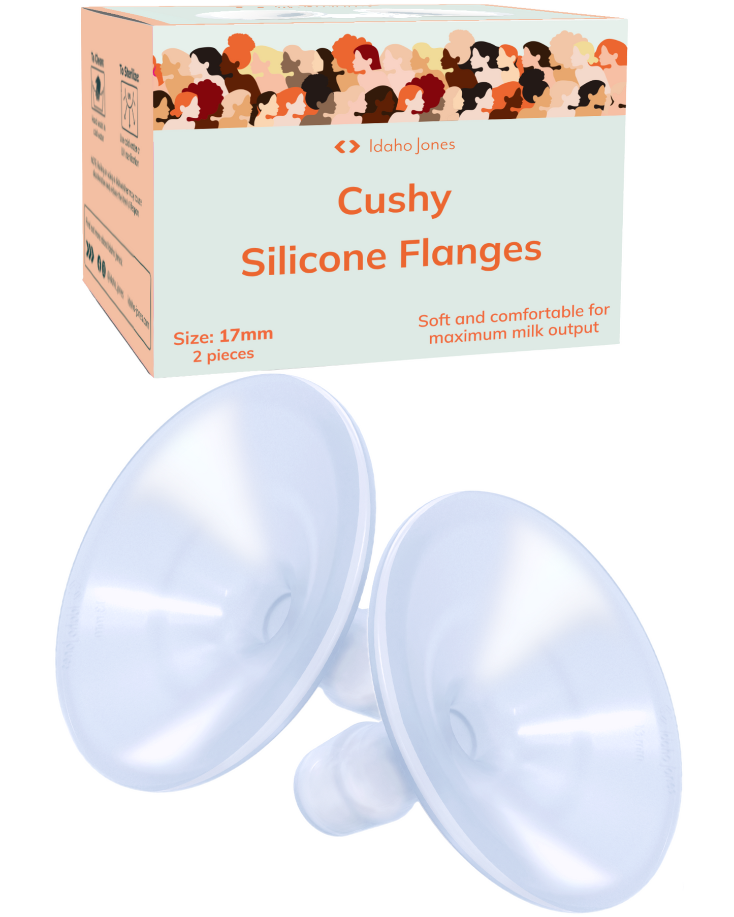 Cushy silicone flanges with packaging on a white background 17mm
