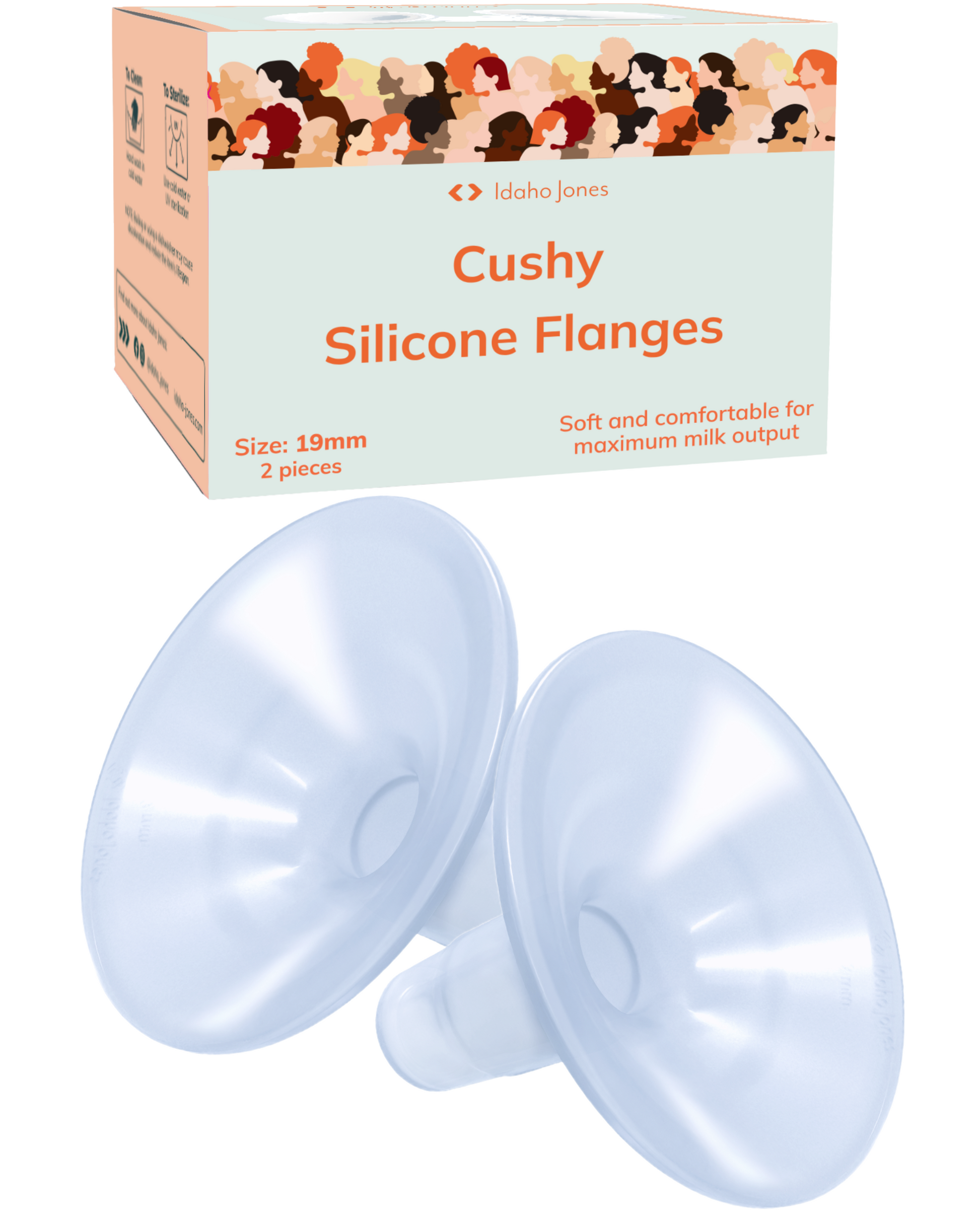 Cushy silicone flanges with packaging on a white background 19mm