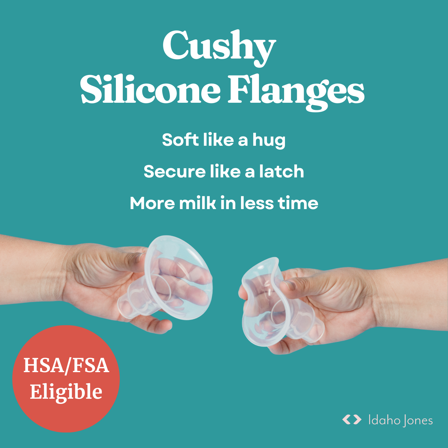 Advertisement for Cushy Silicone Flanges with hands holding flanges against a teal background. 13mm 15mm 17mm 19mm 21mm 24mm 27mm 30mm Flange Sample Kit