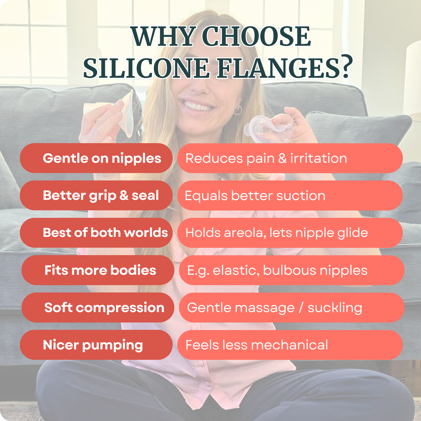 Woman holding a baby with text explaining benefits of silicone flanges. 13mm 15mm 17mm 19mm 21mm 24mm 27mm 30mm Flange Sample Kit