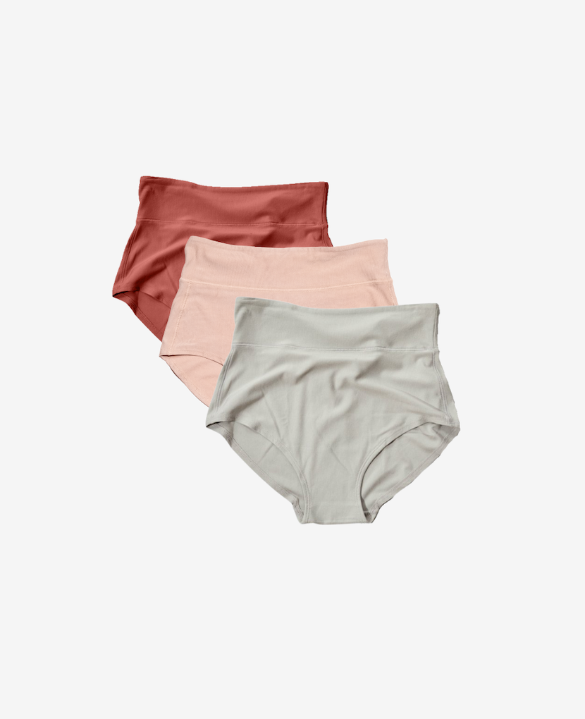 Craveably comfortable maternity-to-postpartum and C-section panty. Now available in a 3-Pack (shown in Ember/Clay/Grey).