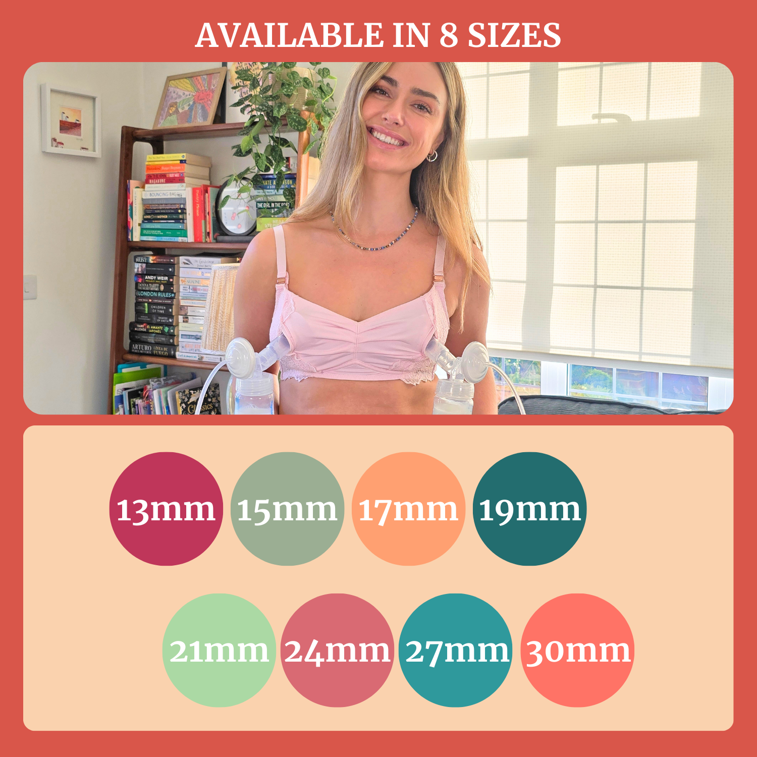 Woman wearing a pink bra with measurements displayed below. 13mm 15mm 17mm 19mm 21mm 24mm 27mm 30mm Flange Sample Kit