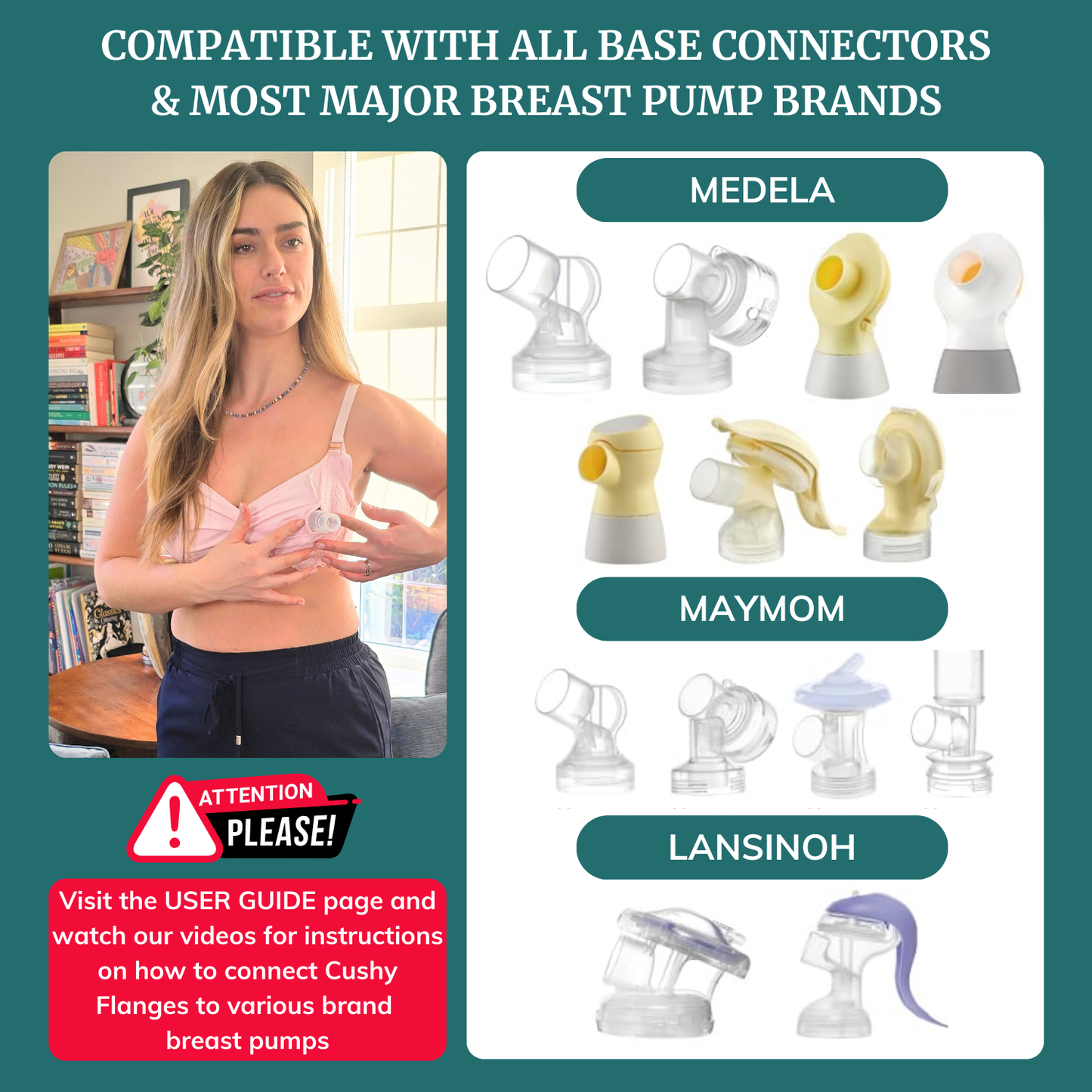 Promotional image for Cushy Flanges with compatibility information for various breast pump brands. 13mm 15mm 17mm 19mm 21mm 24mm 27mm 30mm Flange Sample Kit. 13mm 15mm 17mm 19mm 21mm 24mm 27mm 30mm Flange Sample Kit