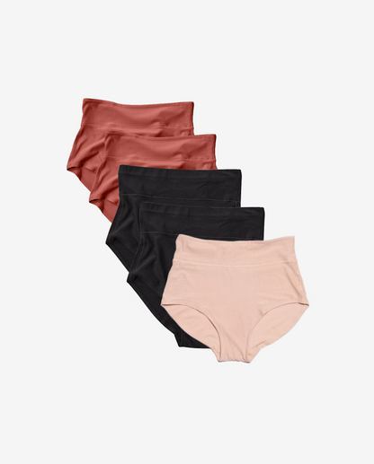 Craveably comfortable maternity-to-postpartum and C-section panty. Now available in a 5-Pack (shown in Ember/Black/Clay).