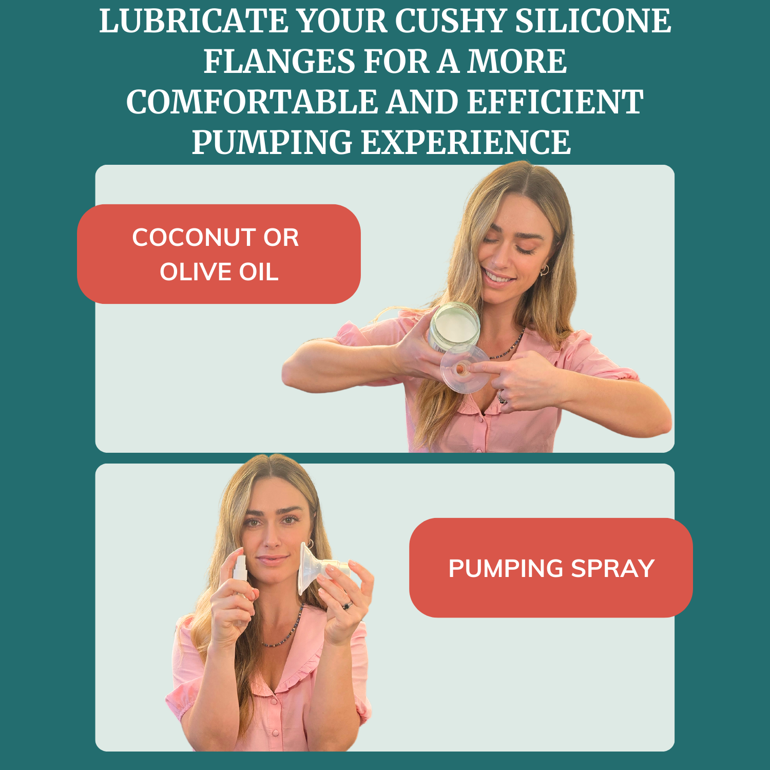 Instructions for lubricating silicone flanges with coconut or olive oil and using a pumping spray, shown on a woman. 13mm 15mm 17mm 19mm 21mm 24mm 27mm 30mm Flange Sample Kit