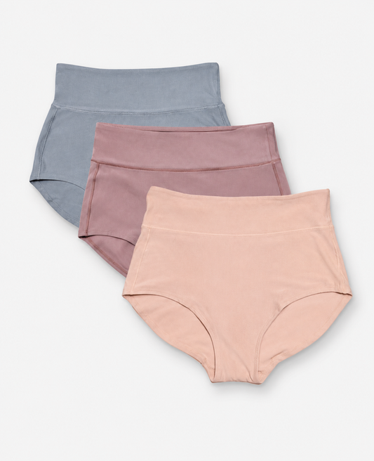 Three pairs of high-waisted briefs in dusty blue, mauve, and light peach-pink, arranged in a stacked fan layout on a light gray background. shown in Slate/Dusk/Clay
