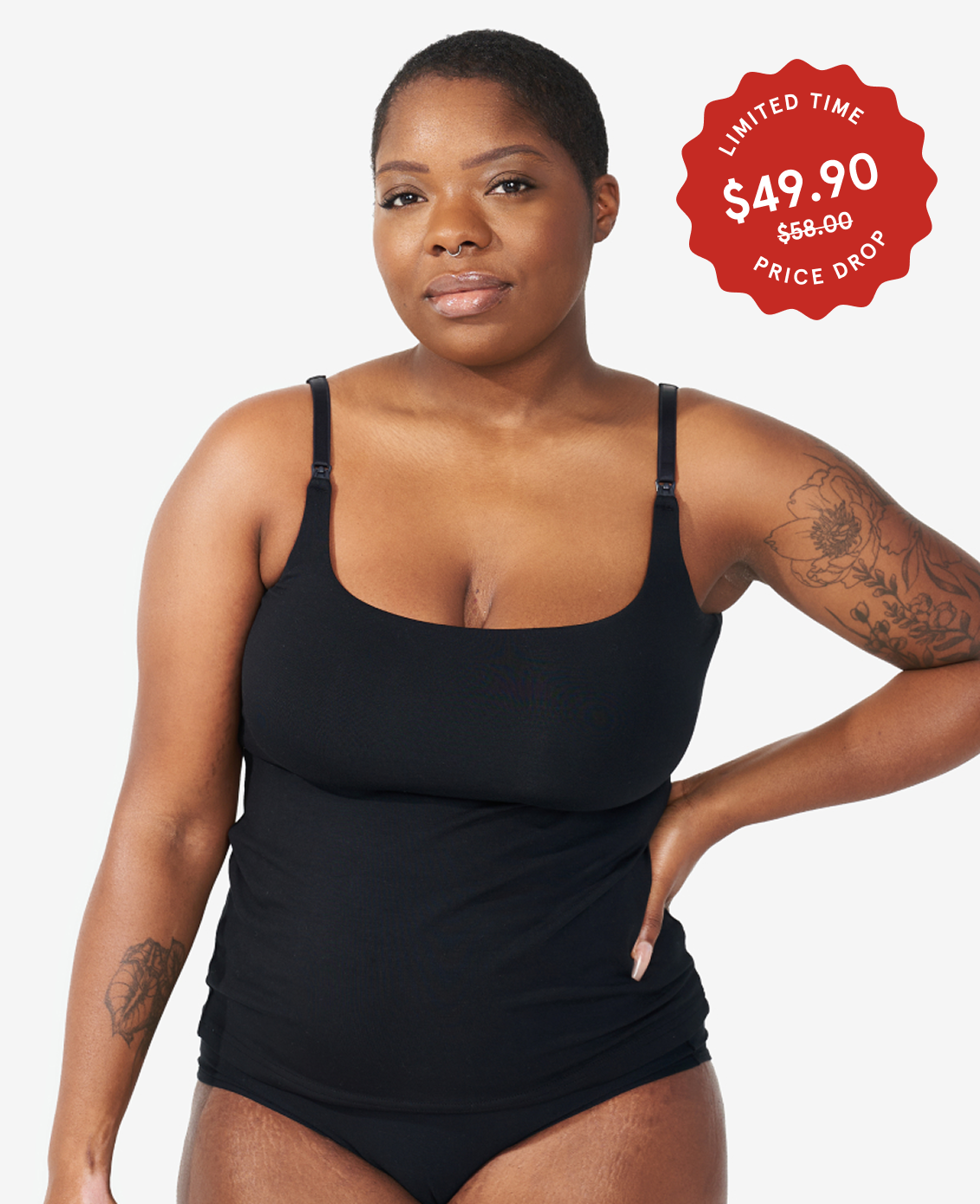 The Always-On Nursing Tank is your 24/7 go-to for easy feeding, maximum comfort, and modern styling.  Savonne is size 36DD and wears size Medium. Shown in Black.