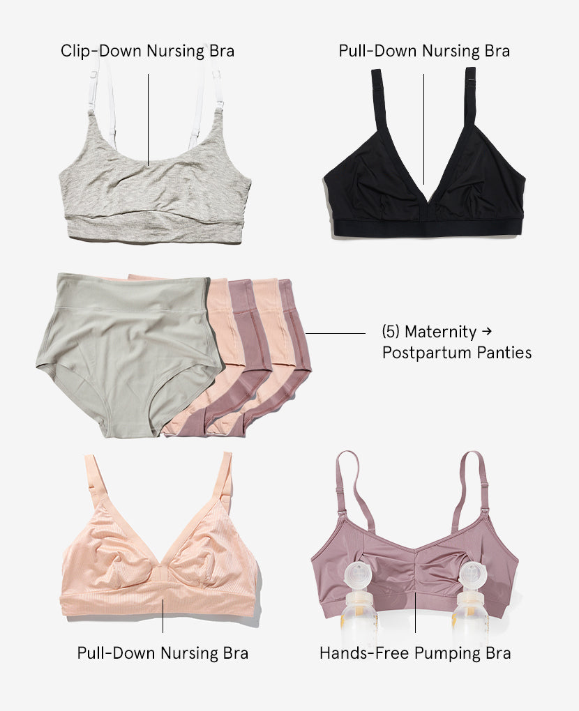 The All-Needs Bundle • 20% off: includes 2 nursing bras, a peach pull-down nursing bra, a mauve hands-free pumping bra with bottles, and 5 pastel postpartum support panties—all arranged on a white background.