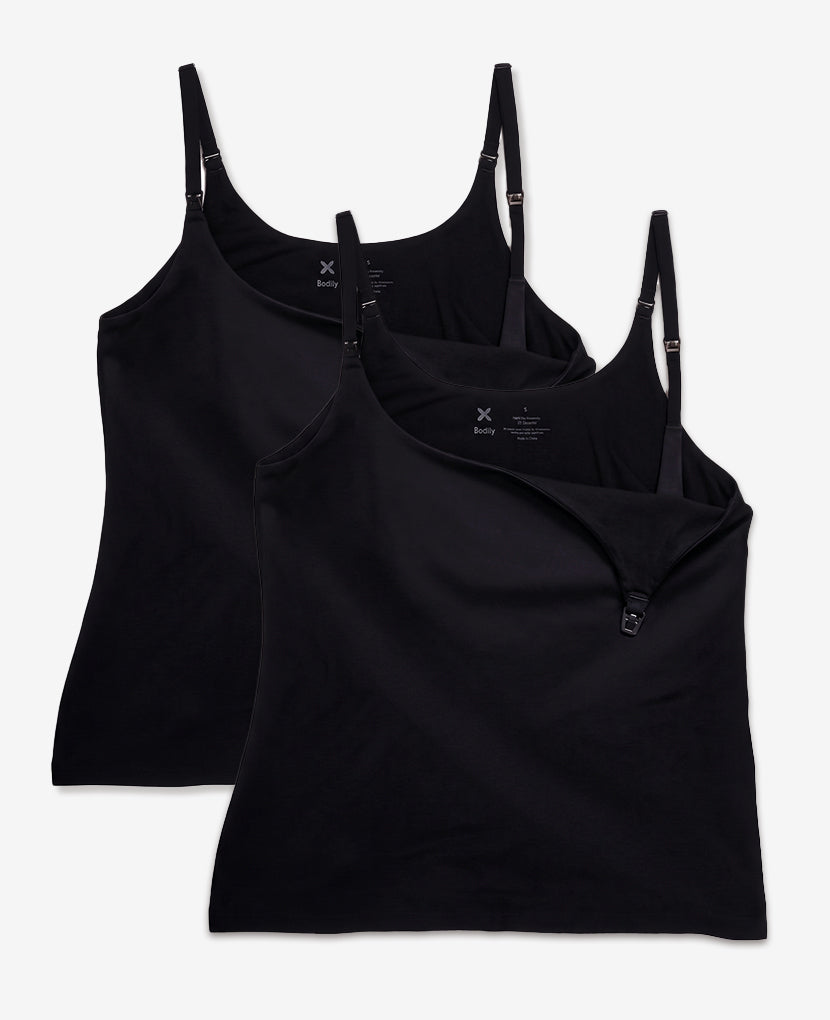 The Always-On Nursing Tank: 2-Pack (Save 18%) features two black tanks with adjustable straps, built-in bras, and a convenient clip-down design for easy breastfeeding access.