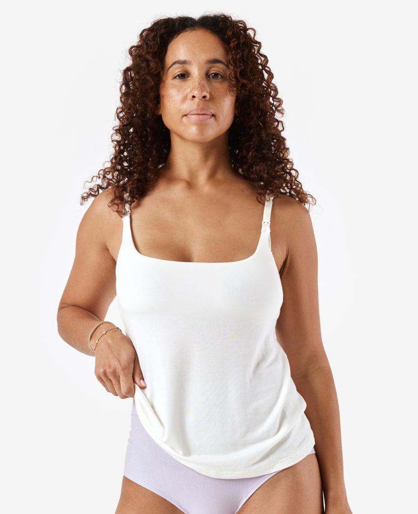 Adjustable straps accommodate fluctuations during postpartum. Shown in Chalk.