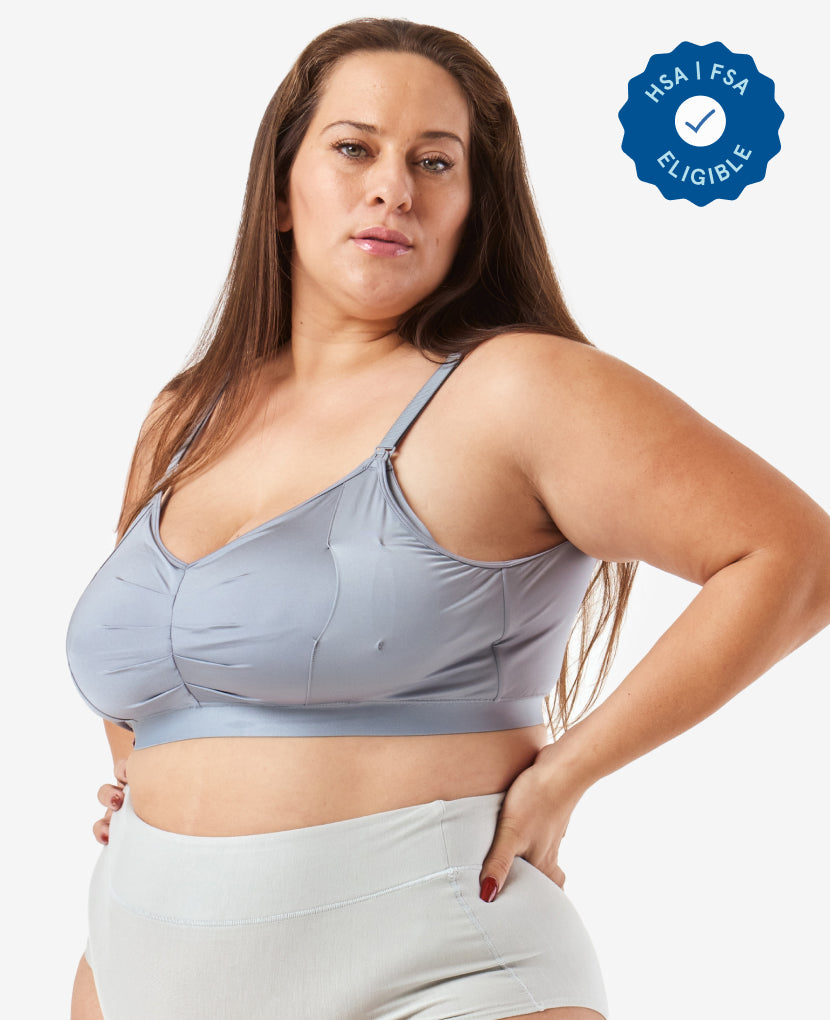 Our award-winning hands-free nursing and pumping bra, now available in S-3X. Shown in Slate.