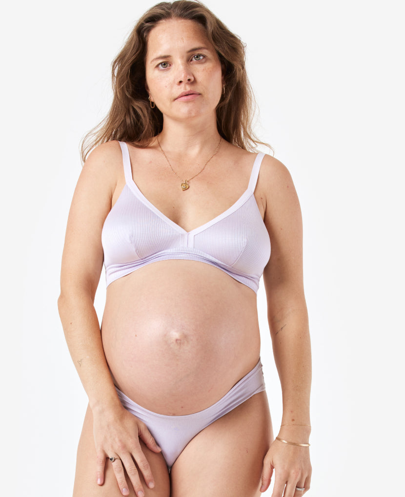 The Under the Belly Panty is perfect for pregnancy through postpartum, and beyond. Shown in Black/Grey/Lavender Haze.