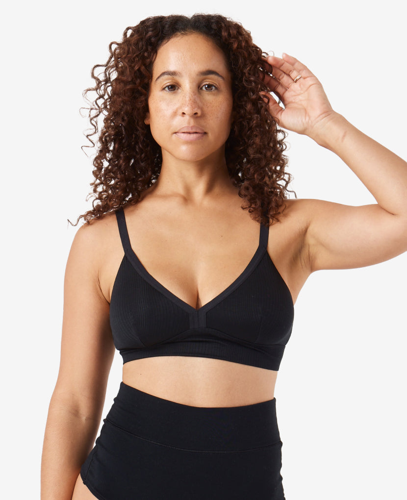 A Stage 1 pull-down maternity-through-nursing bralette – but make it chic with a triangle silhouette. Shown in Black.