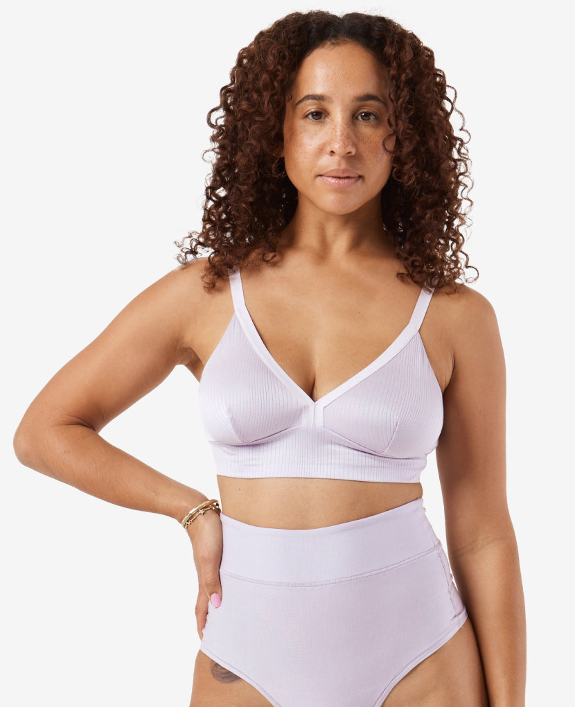 A Stage 1 pull-down maternity-through-nursing bralette – but make it chic with a triangle silhouette. Shown in Lavender Haze. 
