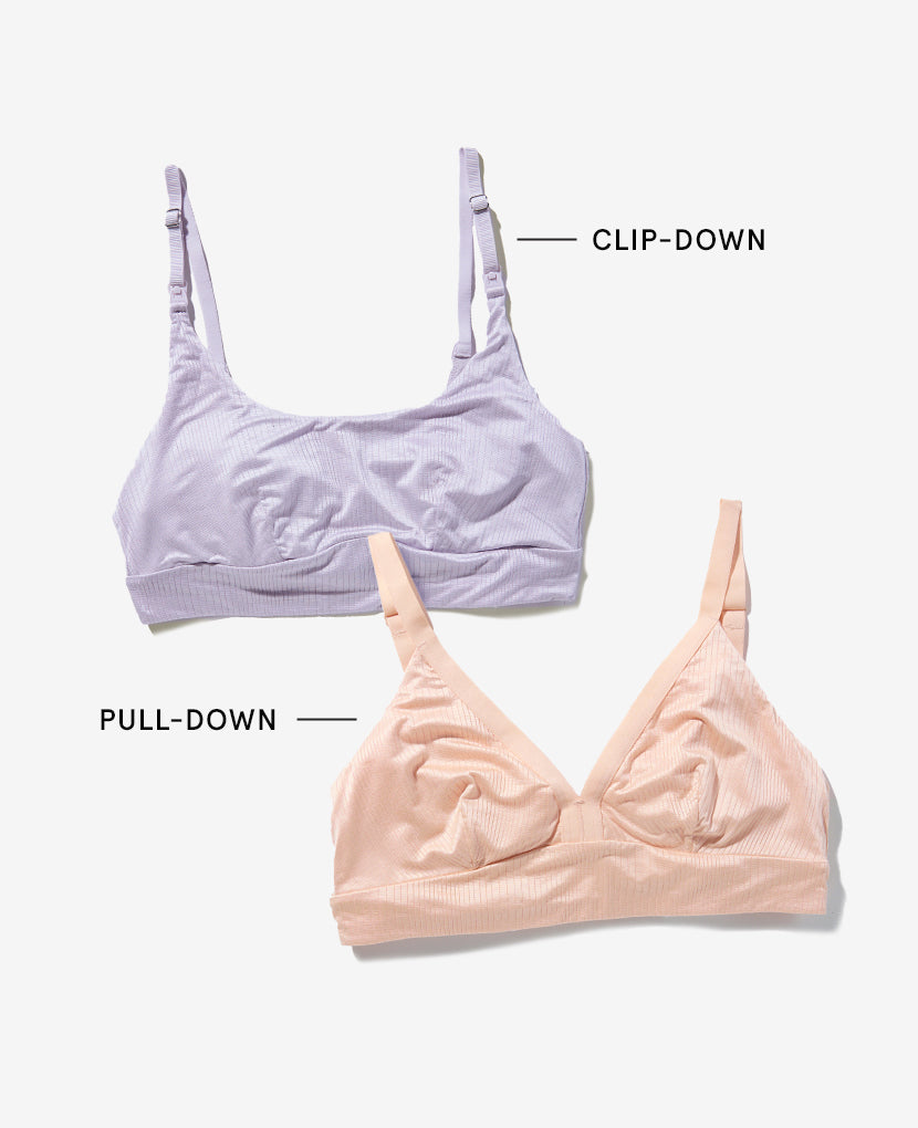 The best of both worlds. The Effortless Bra features soft, stretchy straps that let you quickly pull down cups below your breast and stay comfortably out of the way while you nurse. The Everything Bra features Quick-access nursing clips are easy to use one-handed and audibly snap when secured. 