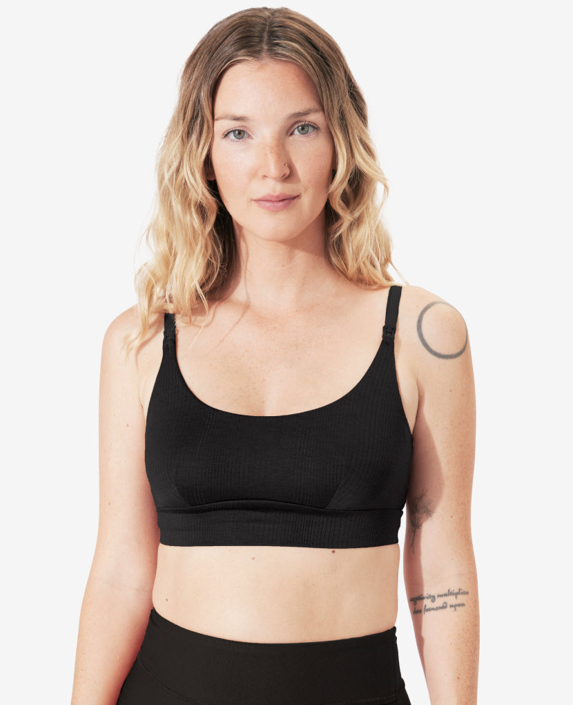 Ultra-stretchy fabric moves with your body and is incredibly soft on sensitive nipples and skin. Our fabrics are made to the OEKO-TEX 100 safety standard which tests against a list of over 1000 harmful substances. Coco, three months postpartum wears a size small. 