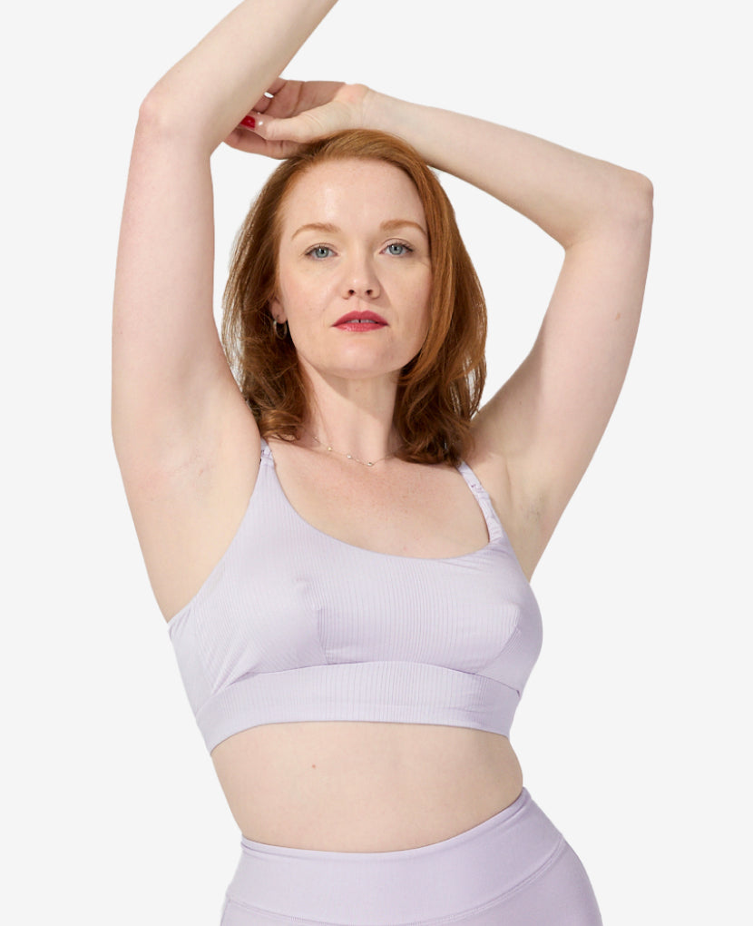 Designed to comfortably fit your body from maternity through every stage of breastfeeding and beyond. Catherine is 5 months postpartum and wears a size M. Shown in Lavender Haze.