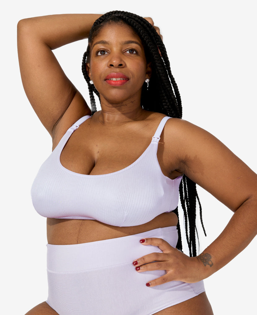 Named “Best Maternity Bra” by InStyle, this Stage 1 pregnancy-through-postpartum bra – with clip-down easy nursing access – is the ultimate in comfort. Cherelle is 7 weeks postpartum and wears a size XL. Shown in Lavender Haze. 