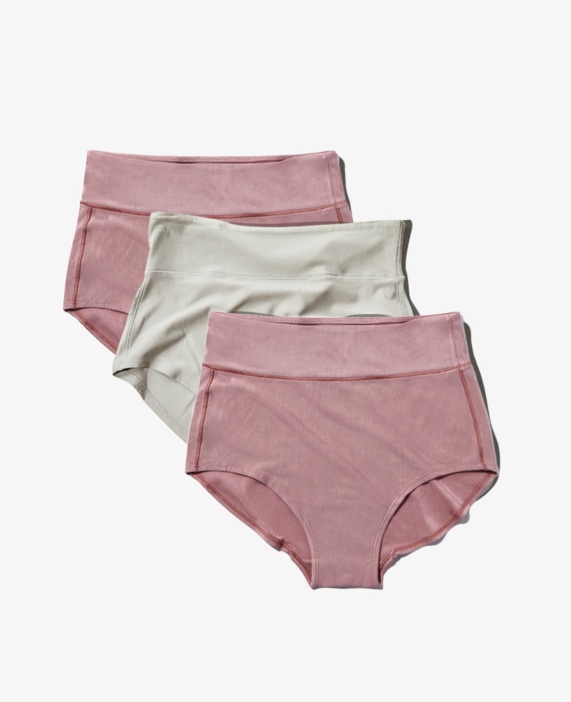 The All-In Panty: 3-Pack • Save 16% features three high-waisted panties—two in muted pink and one in light beige—neatly arranged on a white background, perfect for stylish, comfortable postpartum or maternity underwear.