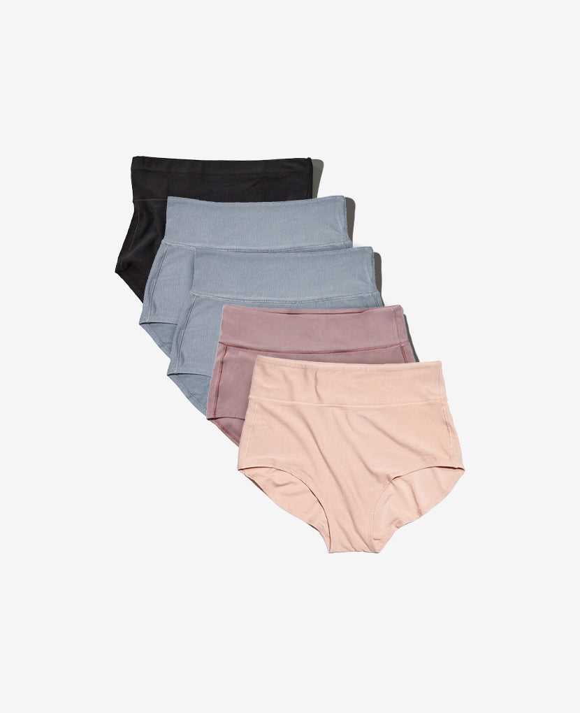 Set of five pairs of women's underwear in black, gray, purple, and pink on a light gray background. in Clay/Dusk/Grey