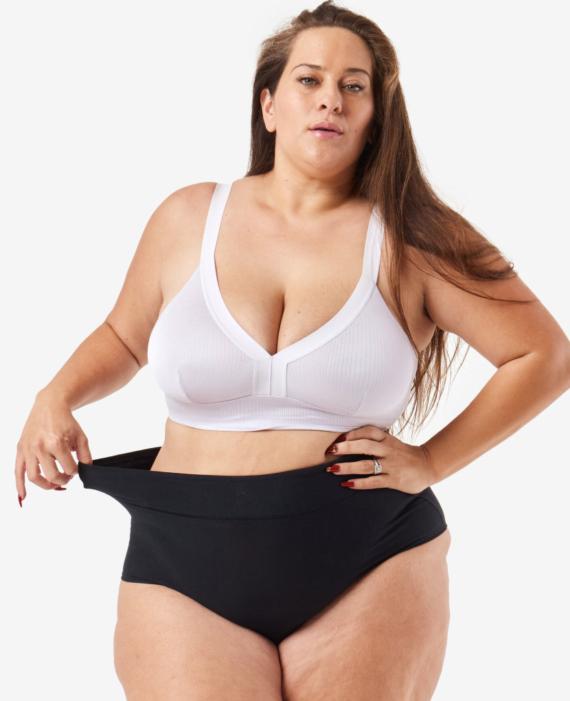 Wide band elastic waist is high enough to gently hug a pregnancy bump or healing core while covering a C-section incision without rubbing. Shown in Black/Lavender Haze/Grey.