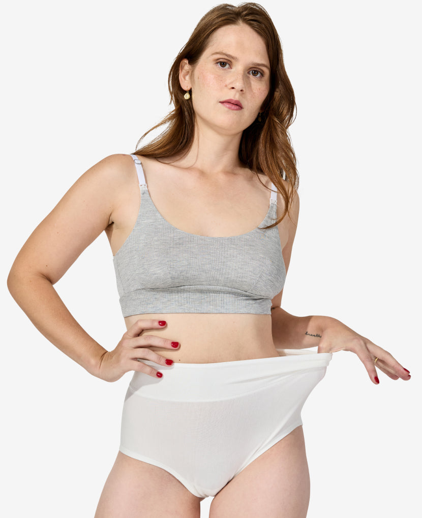 A transitional panty for maternity through postpartum — but you'll wear it well after. Demi is 4 months postpartum and wears a size S. Shown in Chalk/Clay/Dusk.