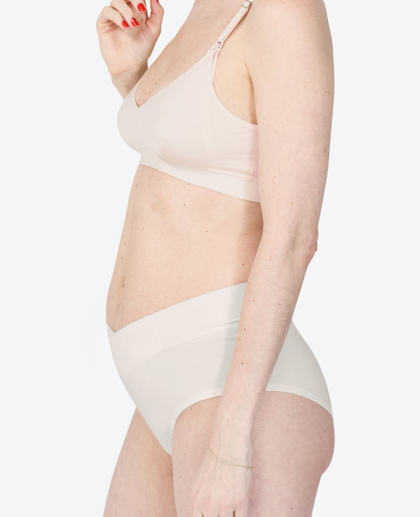 Our ultra-soft OEKO-TEX 100 certified micromodal is plush and gentle on a healing core. Mid-rise comfortably clears a C-section incision. Nora wears a size S in Moon. Sandstone/Moon/String.