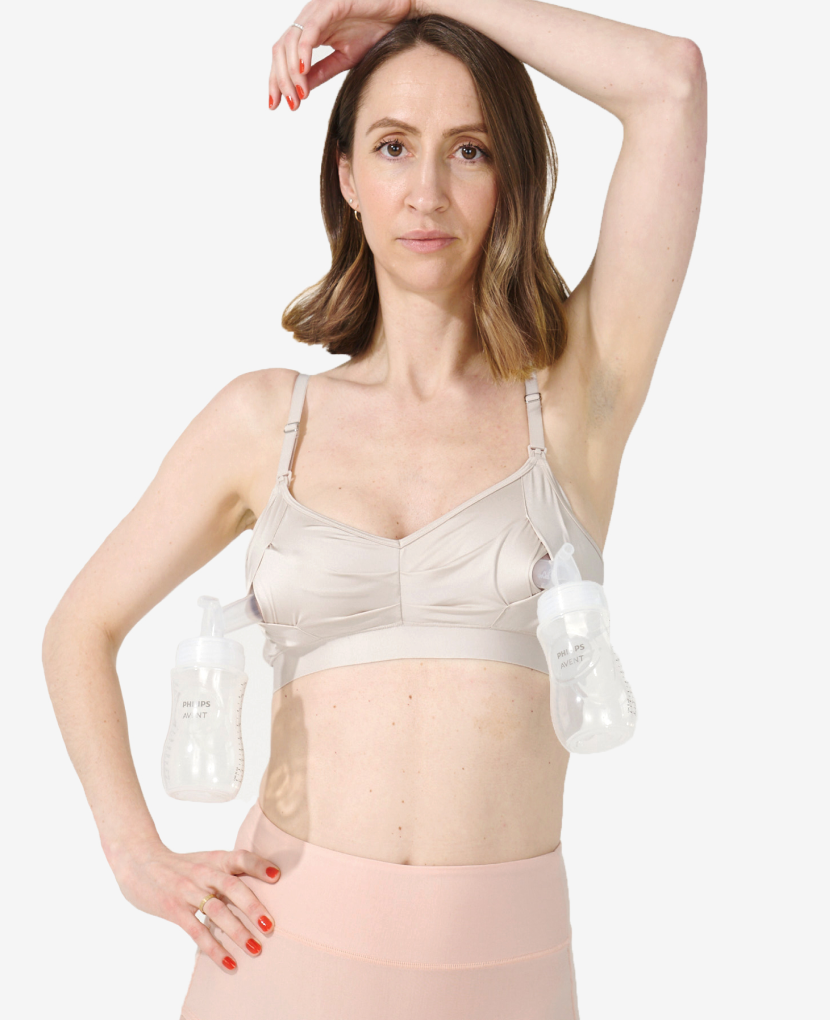 A Stage 3 best-selling hands-free pumping and nursing bra with just one layer of silky-smooth fabric. Shown in Moon.