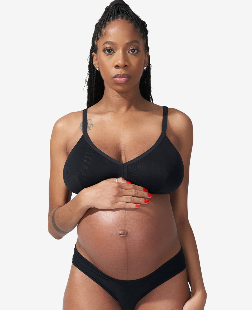 A Stage 1 pull-down maternity-through-nursing bralette – but make it chic with a triangle silhouette. Available in Black.