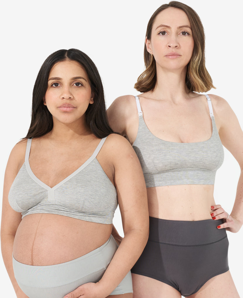 The best of both worlds. Get the same award-winning pregnancy through breastfeeding fit, with two different styles for clip-down and pull-down nursing access. Diana, 38 weeks pregnant, and Nora, 6 months postpartum, are in Grey Marl.